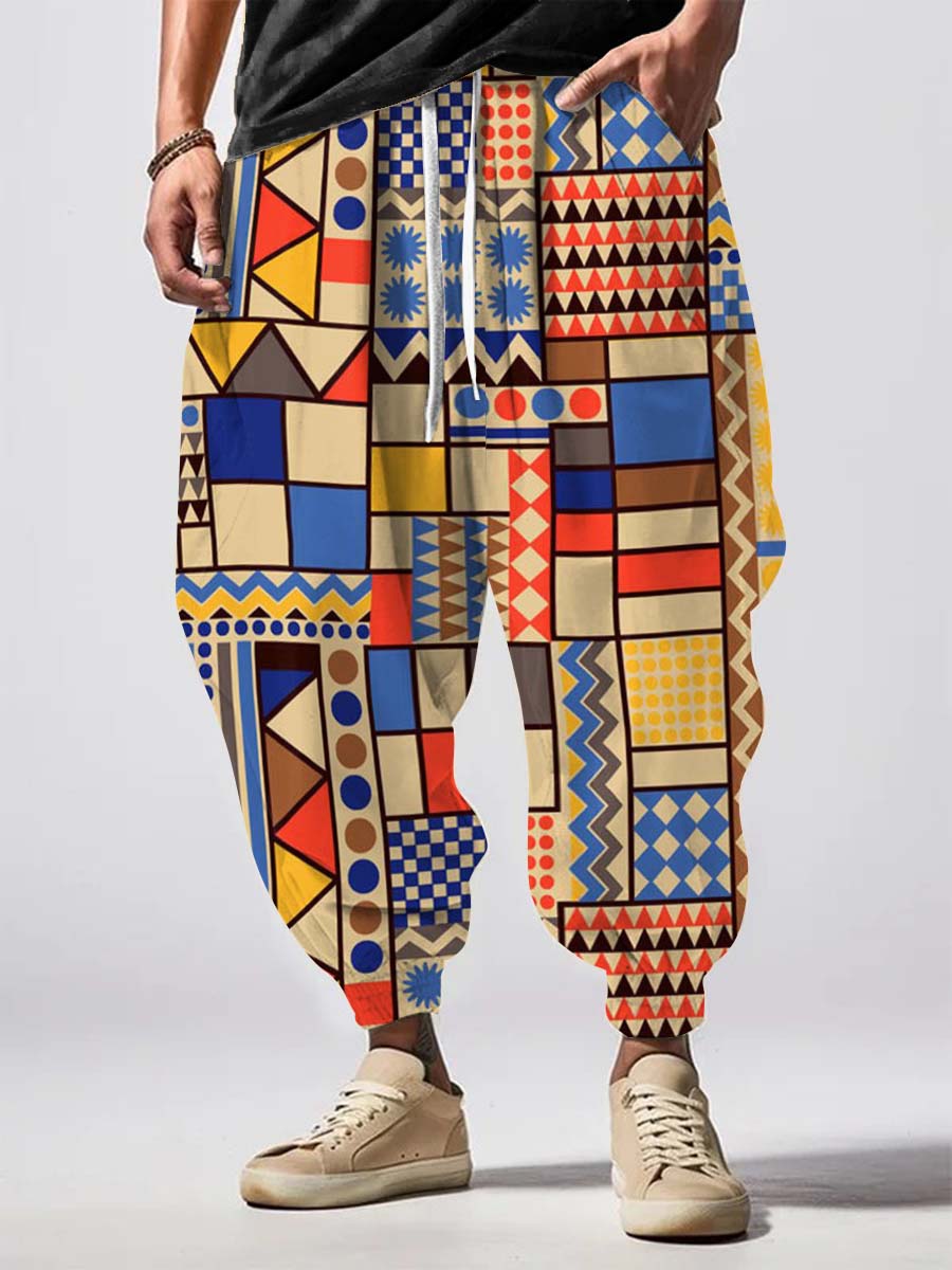 Men's Ethnic Style Geometric Patchwork Pattern Art Comfy 100% Cotton Pants