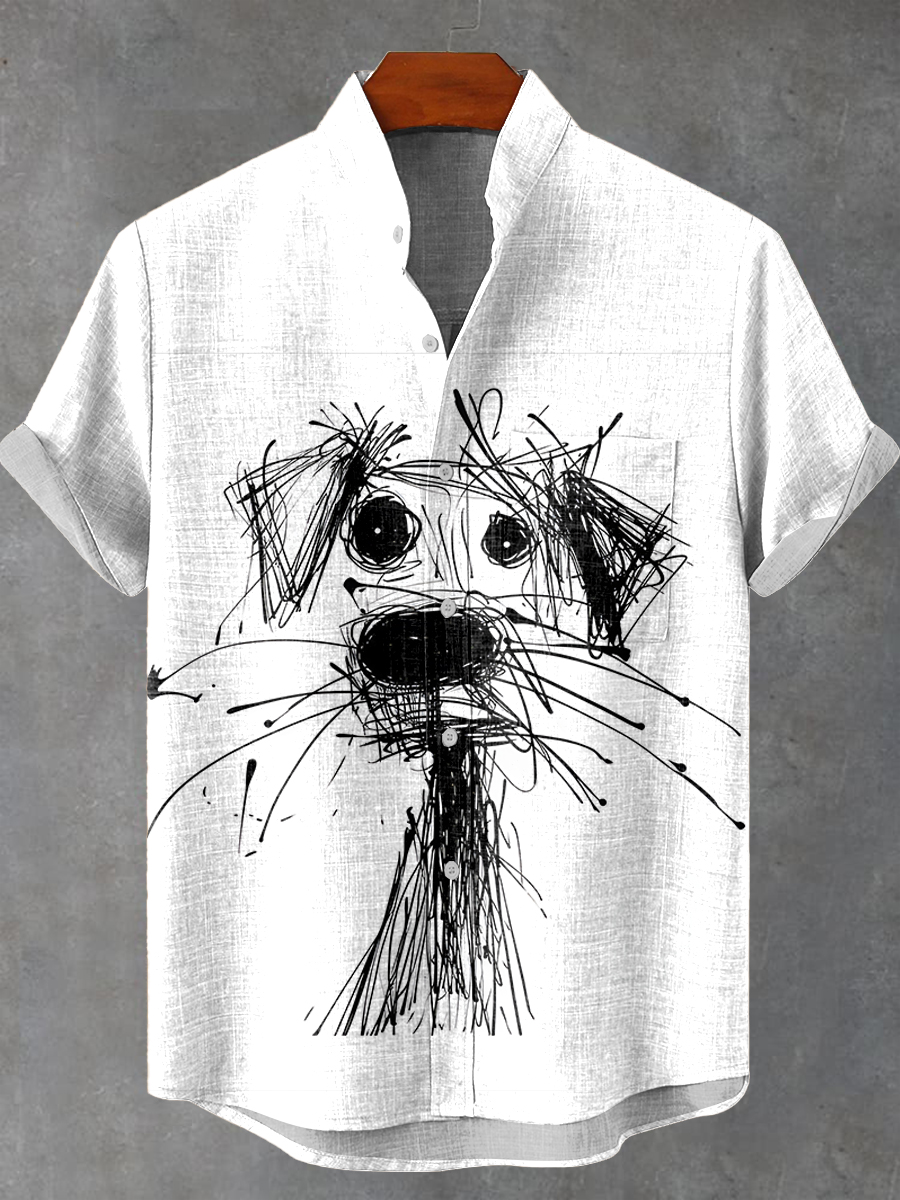 Cartoon scribble dog Vintage Print Casual 100% Cotton Shirt