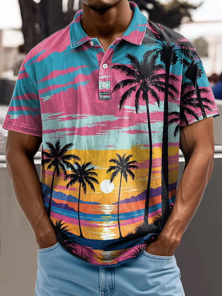 Summer Vacation Hawaiian Seaside Sunset Decorative Pattern Casual Cotton Polo
