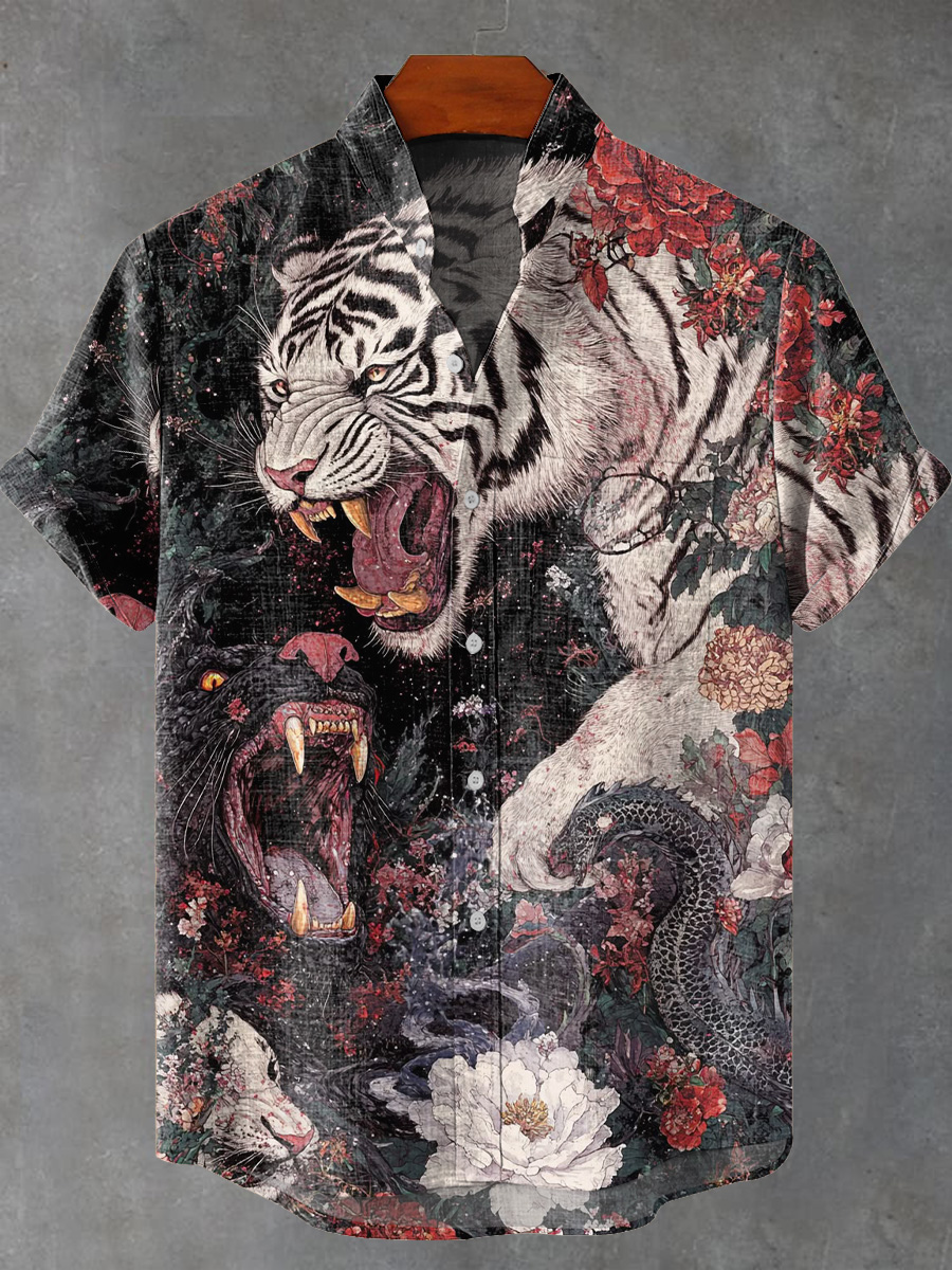 Japanese Style Painting Black Panther, White Tiger and Black Snake Decorative Pattern Casual 100% Cotton Shirt